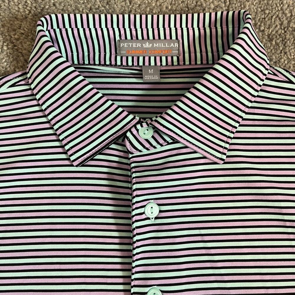 Peter Millar Summer Comfort Men's M Striped Polo Lavender&Blue Sleeve Embroidery